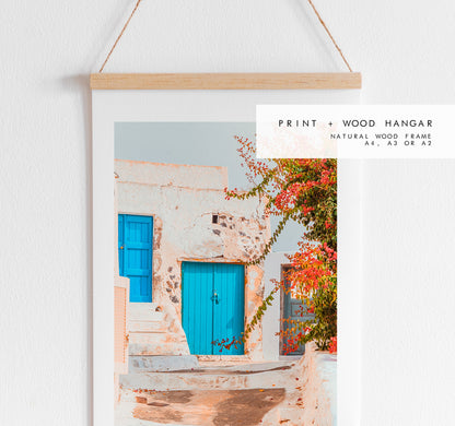 Greece Architecture Photography Print - Greece - Print - Poster - Santorini Photography - Greece Wall Art - Blue Door - Flowers - Greek Art