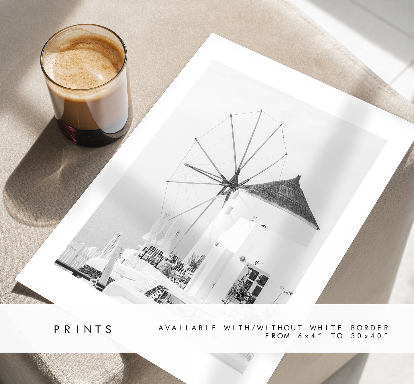 Santorini Black and White Print - Greece - Print - Poster - Santorini Photography - Greece Wall Art - Monochrome - Windmill - Black & White