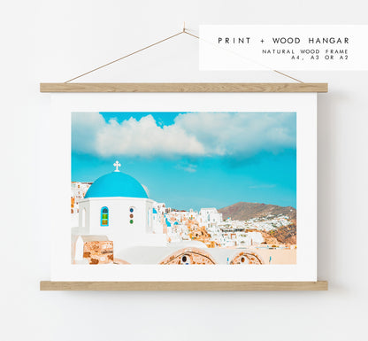 Santorini Landscape Photography Print - Greece - Print - Poster - Santorini Photography - Greece Wall Art - Blue Dome - Blue Church - Gift