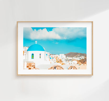 Santorini Landscape Photography Print - Greece - Print - Poster - Santorini Photography - Greece Wall Art - Blue Dome - Blue Church - Gift