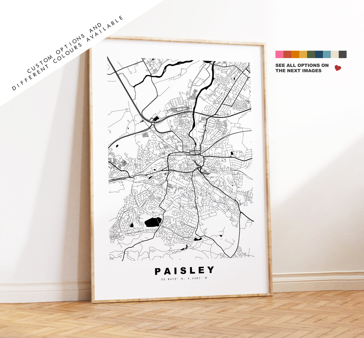 Paisley Map Print - Minimalist City Map Poster - Map Wall Art - Scotland - Paisley Print - Paisley Poster - Different Colours Available