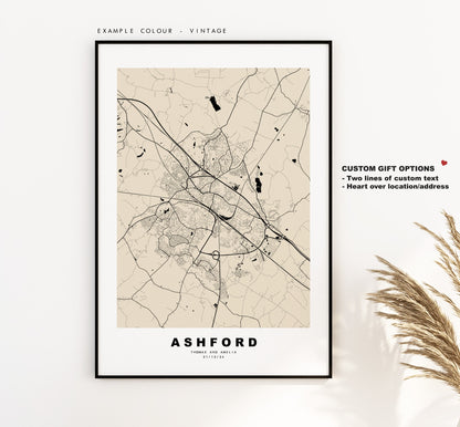 Ashford Map Print - Minimalist City Map Poster - Map Art - Kent - Ashford Print - Ashford Poster - Different Colours Available