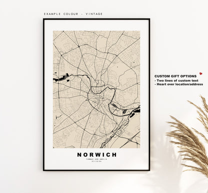 Norwich Map Print - Minimalist City Map Poster - Map Art - UK - Norwich Print - Norwich Poster - Different Colours Available