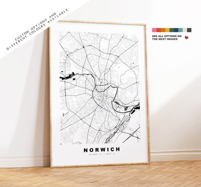 Norwich Map Print - Minimalist City Map Poster - Map Art - UK - Norwich Print - Norwich Poster - Different Colours Available