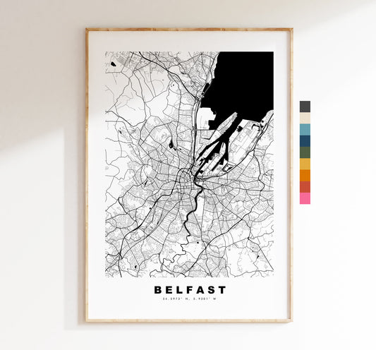 Belfast Map Print - Minimalist City Map Poster - Map Art - UK - Belfast Print - Belfast Poster - Different Colours Available