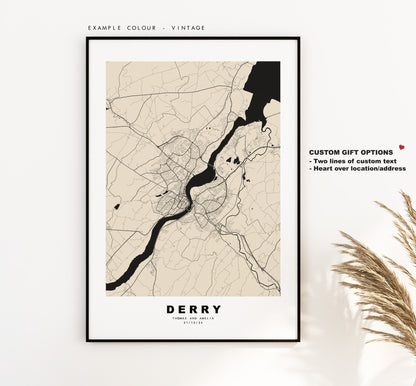 Derry Map Print - Minimalist City Map Poster - Map Art - UK - Londonderry Print - Derry Poster - Different Colours Available