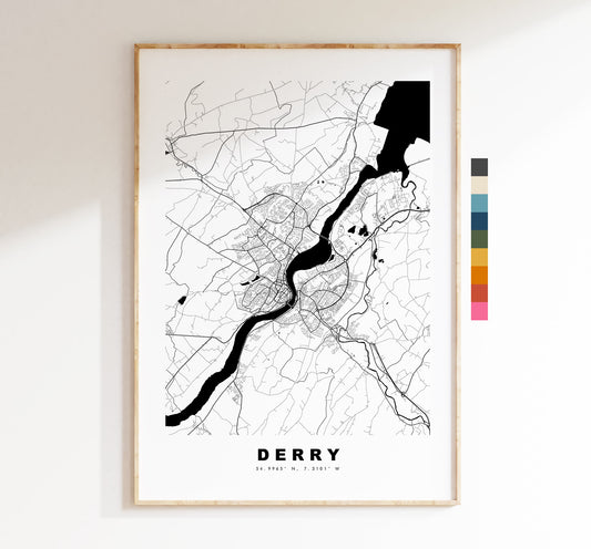 Derry Map Print - Minimalist City Map Poster - Map Art - UK - Londonderry Print - Derry Poster - Different Colours Available