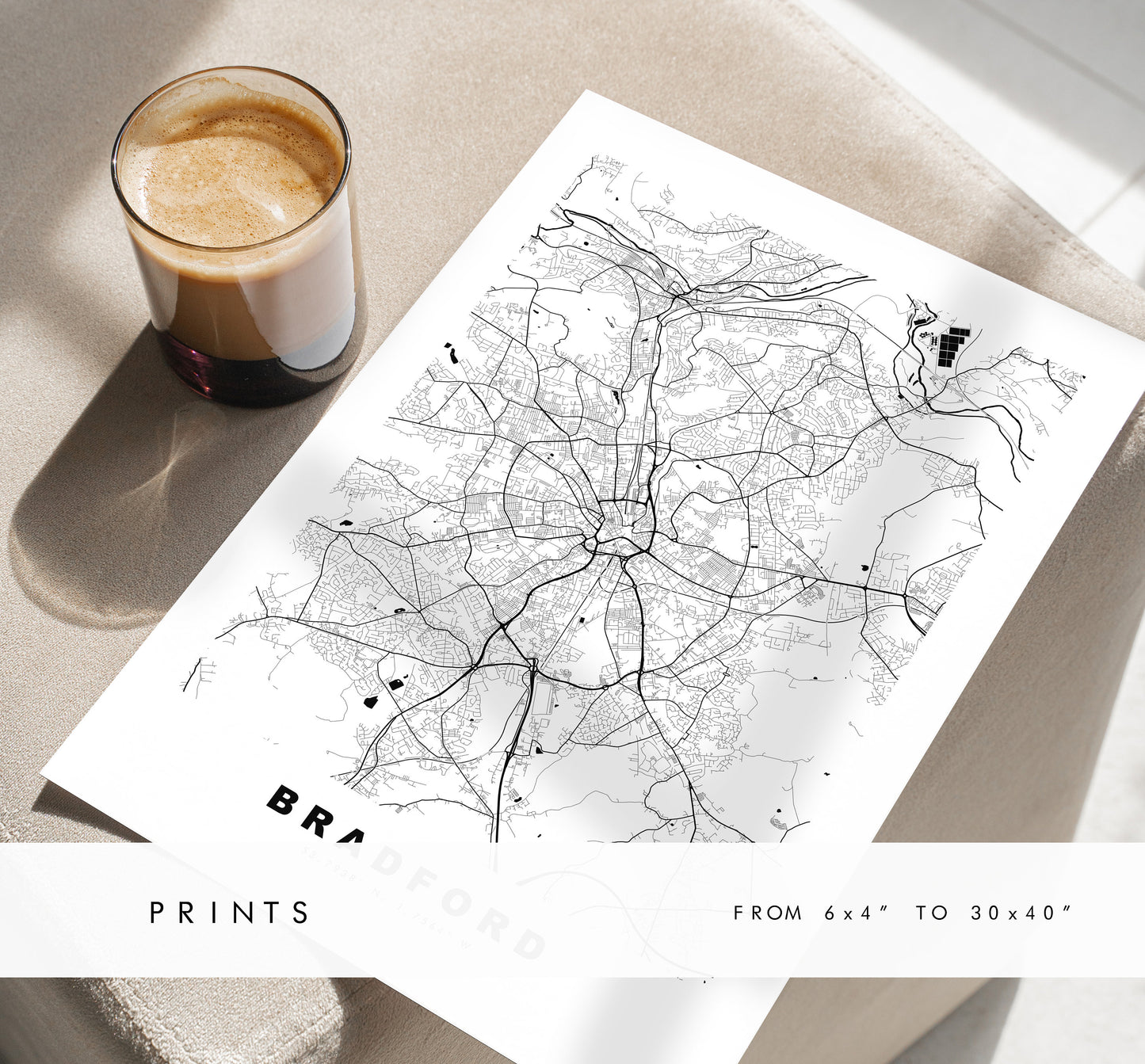 Bradford Map Print - Minimalist City Map Poster - Map Wall Art - UK - Bradford Print - Bradford Poster - Different Colours Available