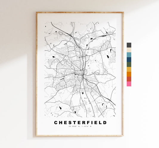 Chesterfield Map Print - Minimalist City Map Poster - Map Art - UK - Chesterfield Print - Chesterfield Poster - Different Colours Available