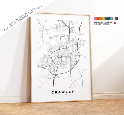 Crawley Map Print - Minimalist City Map Poster - Map Wall Art - UK - Crawley Print - Crawley Poster - Different Colours Available