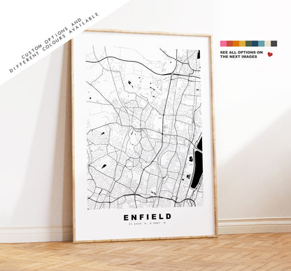 Enfield Map Print - Minimalist City Map Poster - Map Wall Art - UK - Enfield Print - Enfield Poster - Different Colours Available