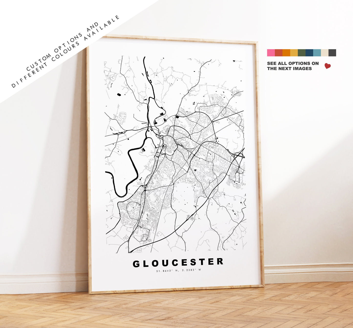 Gloucester Map Print - Minimalist City Map Poster - Map Wall Art - UK - Gloucester Print - Gloucester Poster - Different Colours Available