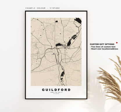 Guildford Map Print - Minimalist City Map Poster - Map Wall Art - UK - Guildford Print - Guildford Poster - Different Colours Available