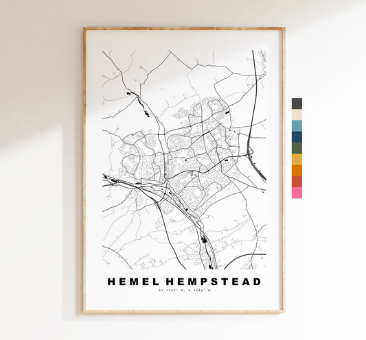 Hemel Hempstead Map Print - Minimalist City Map Poster - Map Wall Art - UK - Hemel Hempstead Print - Poster - Different Colours Available