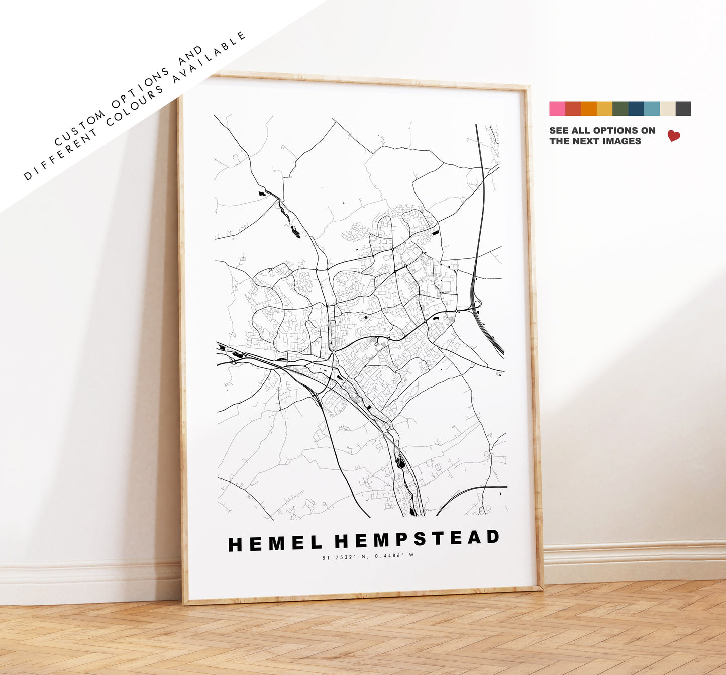 Hemel Hempstead Map Print - Minimalist City Map Poster - Map Wall Art - UK - Hemel Hempstead Print - Poster - Different Colours Available