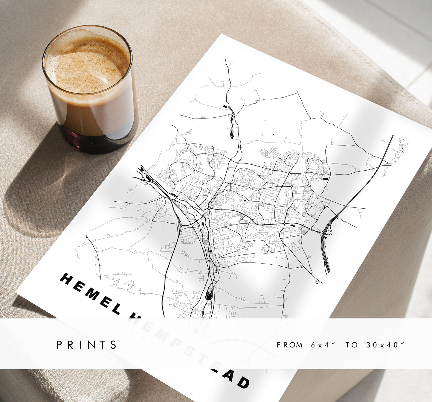 Hemel Hempstead Map Print - Minimalist City Map Poster - Map Wall Art - UK - Hemel Hempstead Print - Poster - Different Colours Available