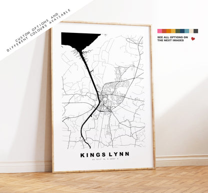 Kings Lynn Map Print - Minimalist City Map Poster - Map Wall Art - UK - Kings Lynn Print - Kings Lynn Poster - Different Colours Available