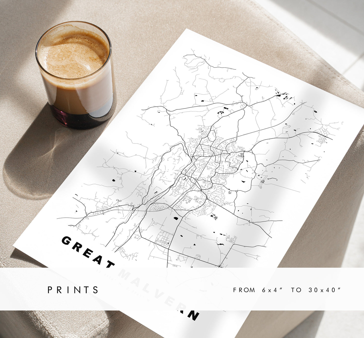 Great Malvern Map Print - Minimalist City Map Poster - Map Art - UK - Great Malvern Print - Malvern Poster - Different Colours Available