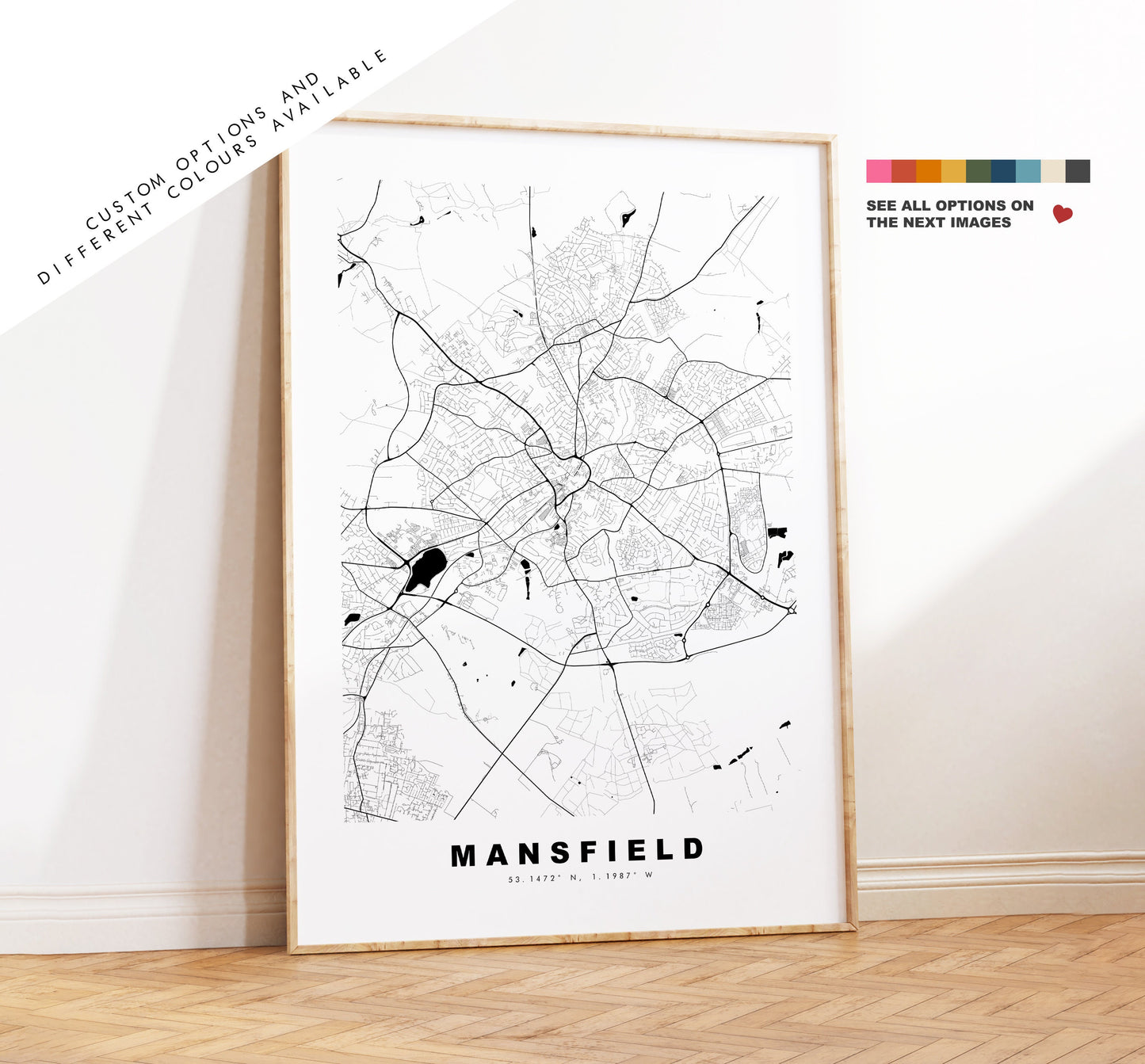 Mansfield Map Print - Minimalist City Map Poster - Map Wall Art - UK - Mansfield Print - Mansfield Poster - Different Colours Available