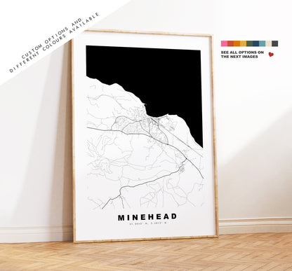 Minehead Map Print - Minimalist City Map Poster - Map Wall Art - UK - Minehead Print - Minehead Poster - Different Colours Available