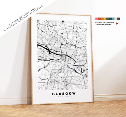 Glasgow Map Print - Minimalist City Map Poster - Map Wall Art - Scotland - Glasgow Print - Glasgow Poster - Different Colours Available