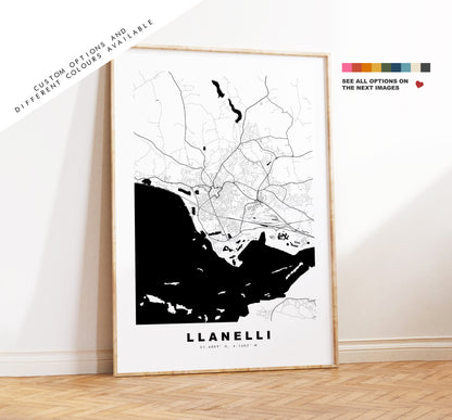 Llanelli Map Print - Minimalist City Map Poster - Map Art - Wales - Llanelli Print - Llanelli Poster - Different Colours Available