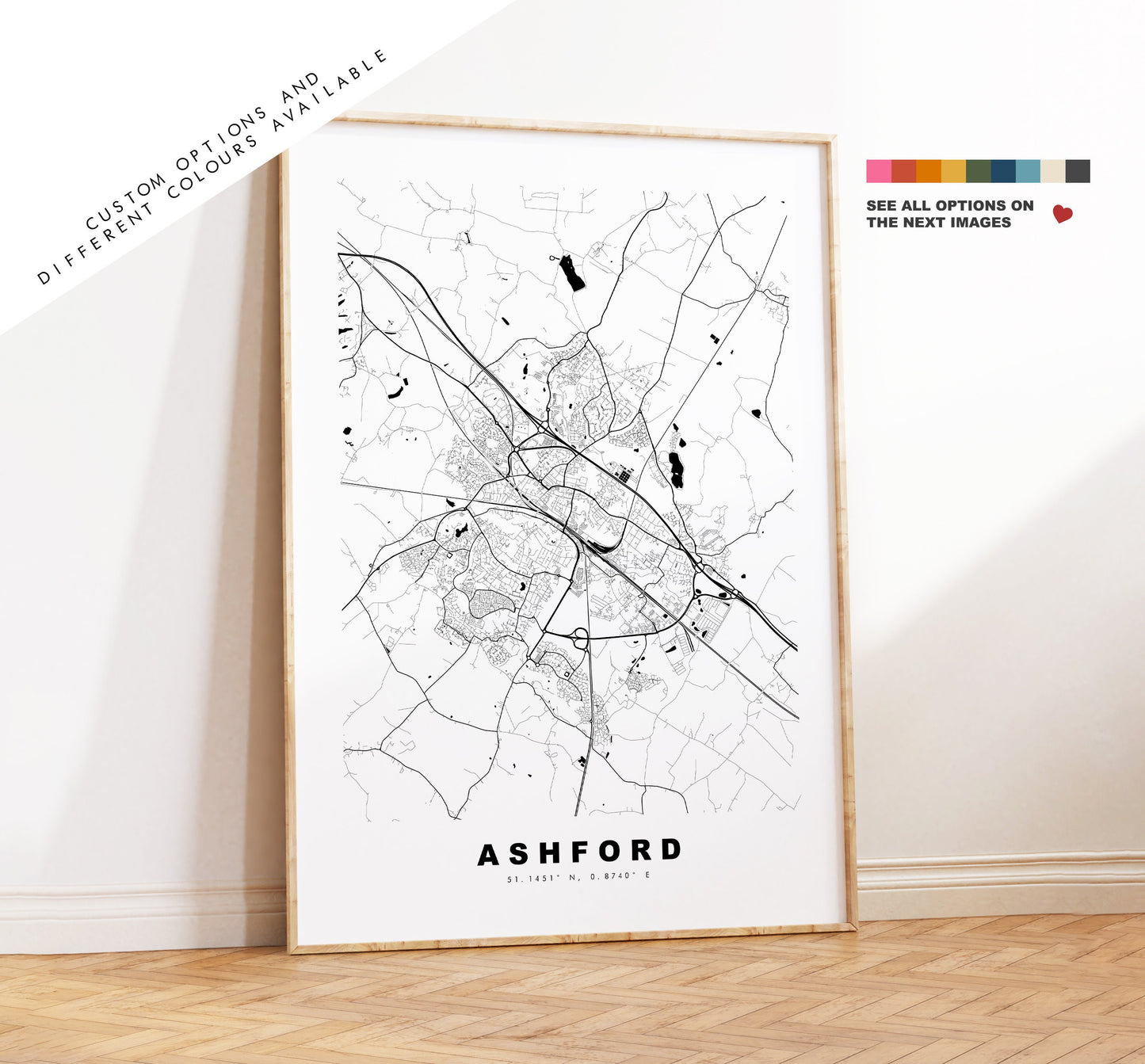 Ashford Map Print - Minimalist City Map Poster - Map Art - Kent - Ashford Print - Ashford Poster - Different Colours Available