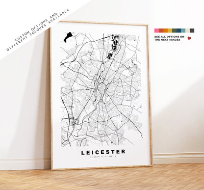 Leicester Map Print - Minimalist City Map Poster - Map Art - UK - Leicester Print - Leicester Poster - Different Colours Available