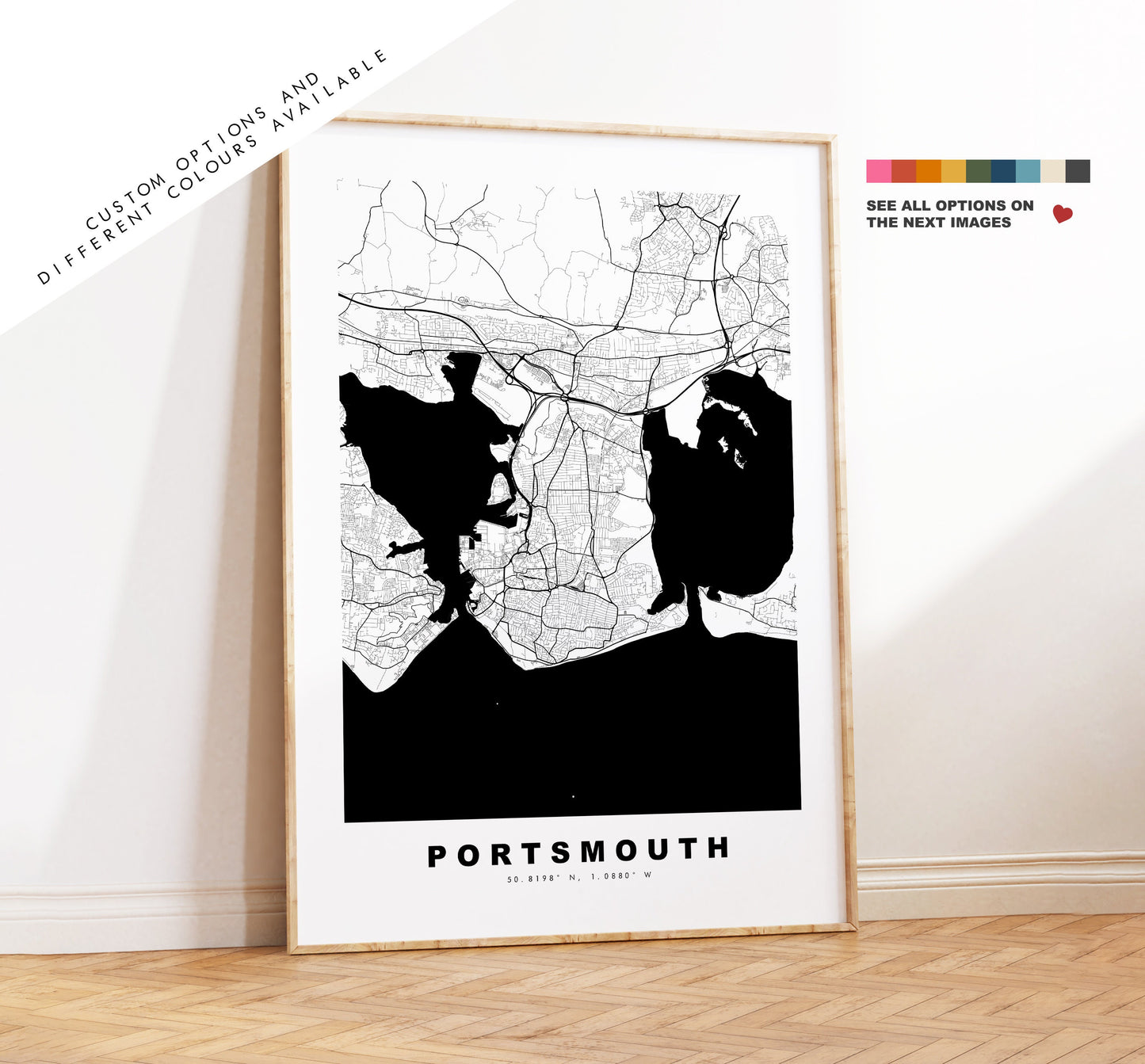 Portsmouth Map Print - Minimalist City Map Poster - Map Art - UK - Portsmouth Print - Portsmouth Poster - Different Colours Available