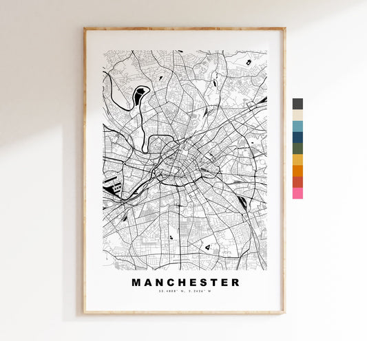 Manchester Map Print - Minimalist City Map Poster - Map Art - UK - Manchester Print - Manchester Poster - Different Colours Available