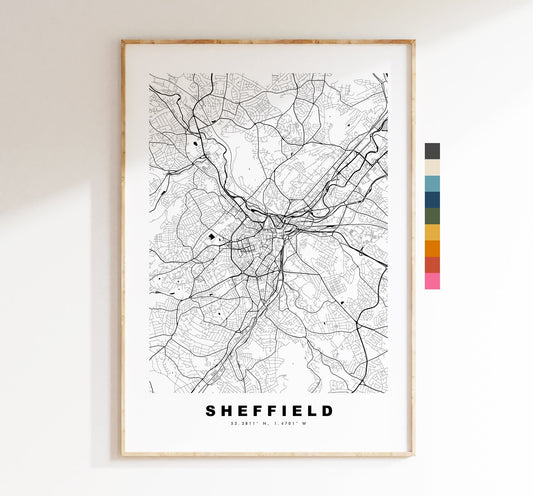 Sheffield Map Print - Minimalist City Map Poster - Map Art - UK - Sheffield Print - Sheffield Poster - Different Colours Available