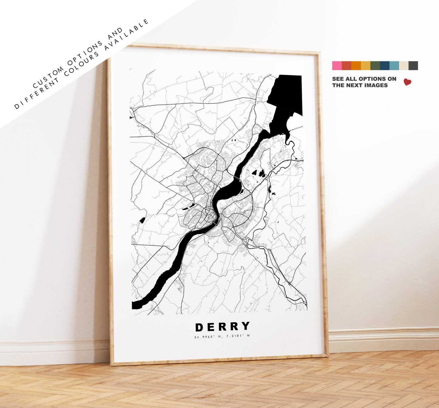 Derry Map Print - Minimalist City Map Poster - Map Art - UK - Londonderry Print - Derry Poster - Different Colours Available