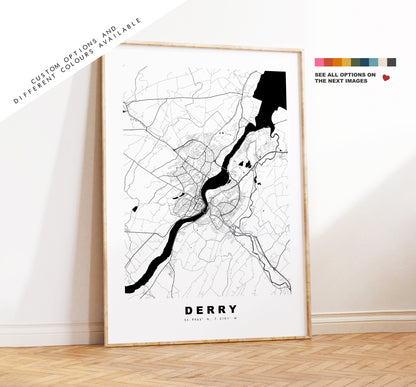 Derry Map Print - Minimalist City Map Poster - Map Art - UK - Londonderry Print - Derry Poster - Different Colours Available