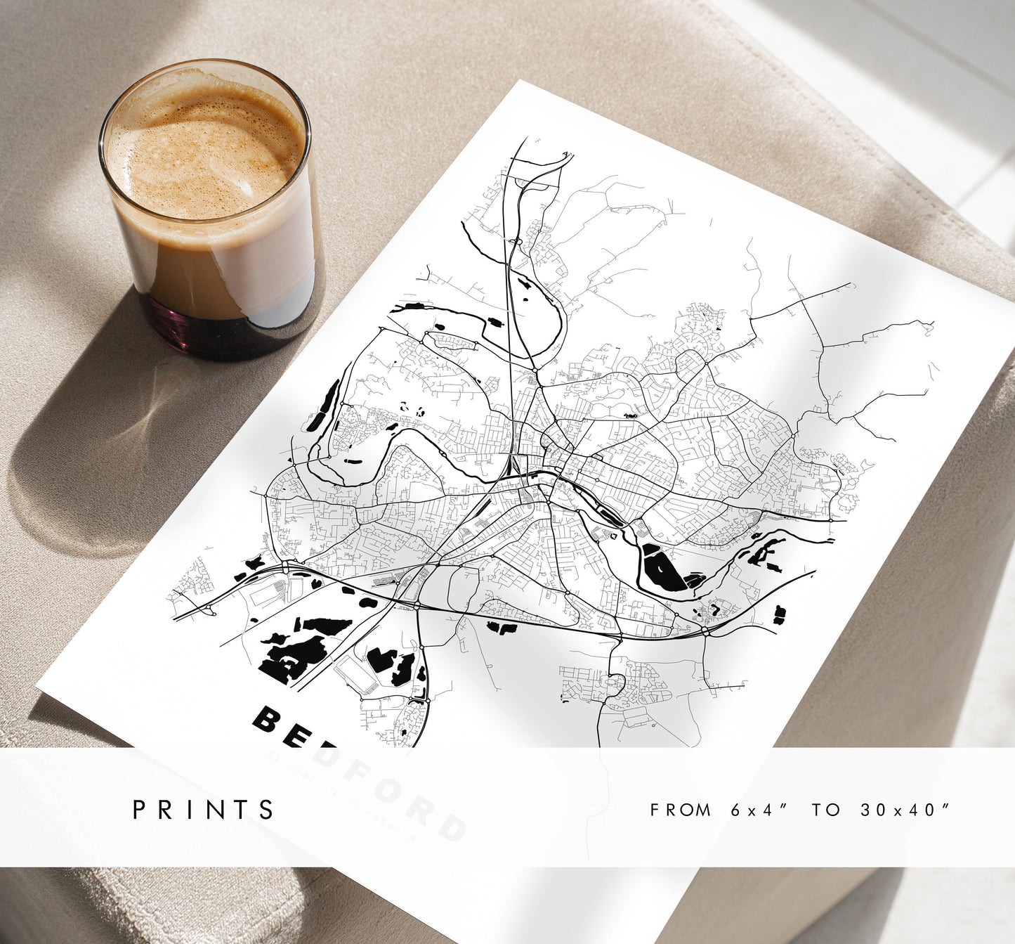 Bedford Map Print - Minimalist City Map Poster - Map Wall Art - UK - Bedford Print - Bedford Poster - Different Colours Available