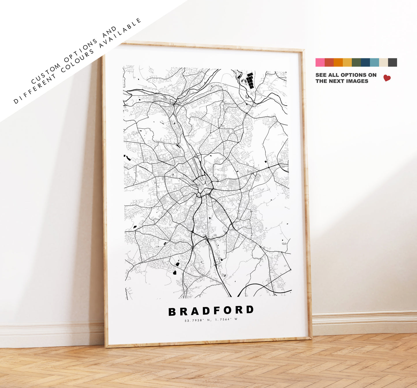 Bradford Map Print - Minimalist City Map Poster - Map Wall Art - UK - Bradford Print - Bradford Poster - Different Colours Available