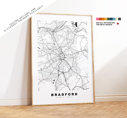 Bradford Map Print - Minimalist City Map Poster - Map Wall Art - UK - Bradford Print - Bradford Poster - Different Colours Available