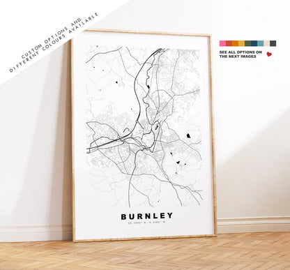 Burnley Map Print - Minimalist City Map Poster - Map Wall Art - UK - Burnley Print - Burnley Poster - Different Colours Available