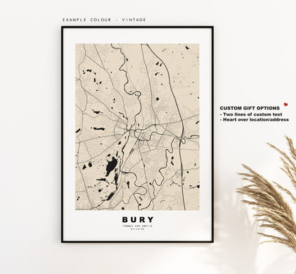 Bury Map Print - Minimalist City Map Poster - Map Wall Art - UK - Bury Print - Bury Poster - Different Colours Available