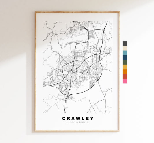 Crawley Map Print - Minimalist City Map Poster - Map Wall Art - UK - Crawley Print - Crawley Poster - Different Colours Available