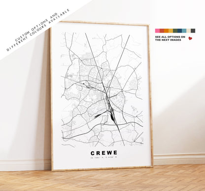 Crewe Map Print - Minimalist City Map Poster - Map Wall Art - UK - Crewe Print - Crewe Poster - Different Colours Available