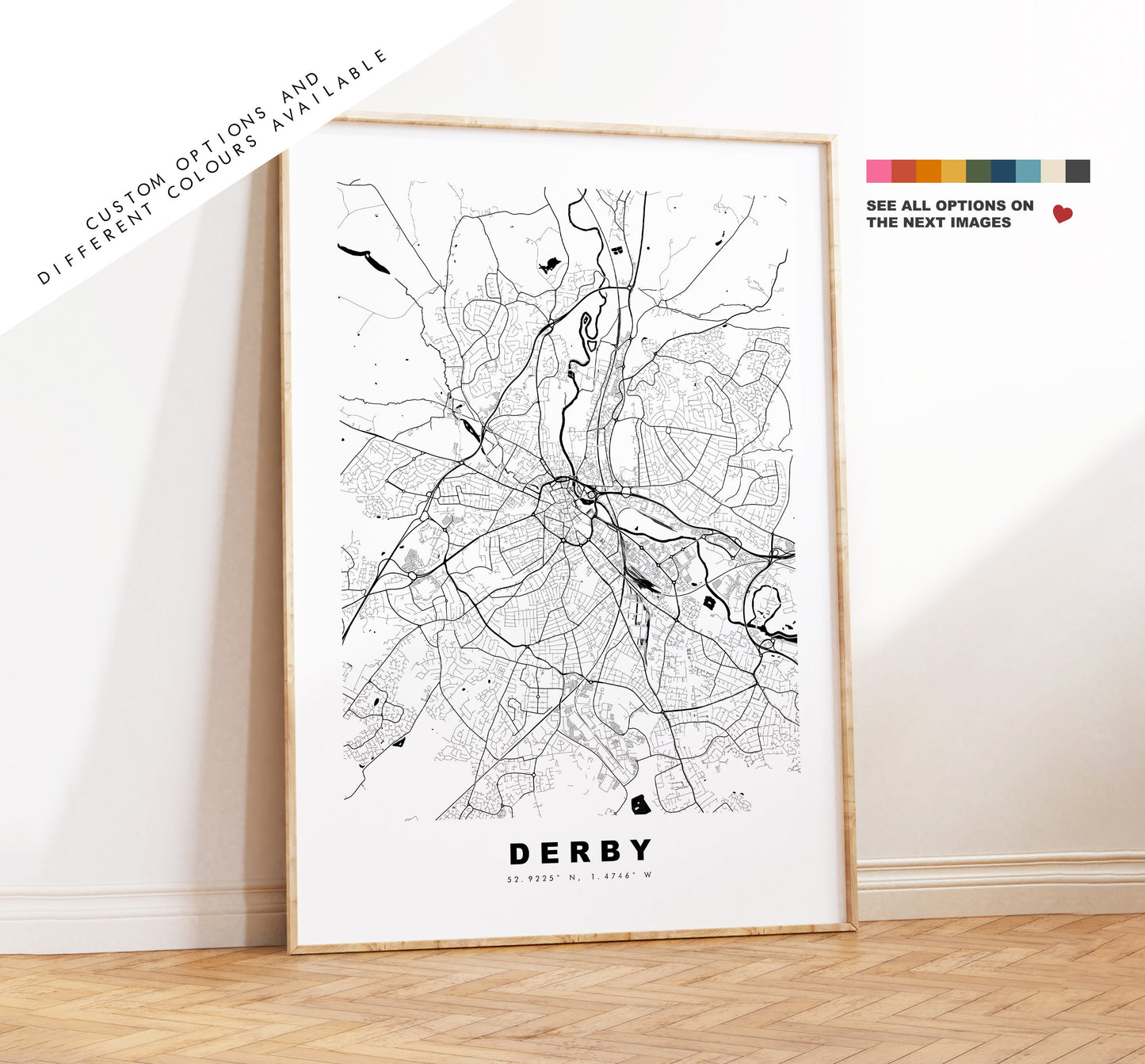 Derby Map Print - Minimalist City Map Poster - Map Wall Art - UK - Derby Print - Derby Poster - Different Colours Available