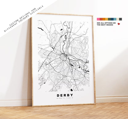 Derby Map Print - Minimalist City Map Poster - Map Wall Art - UK - Derby Print - Derby Poster - Different Colours Available