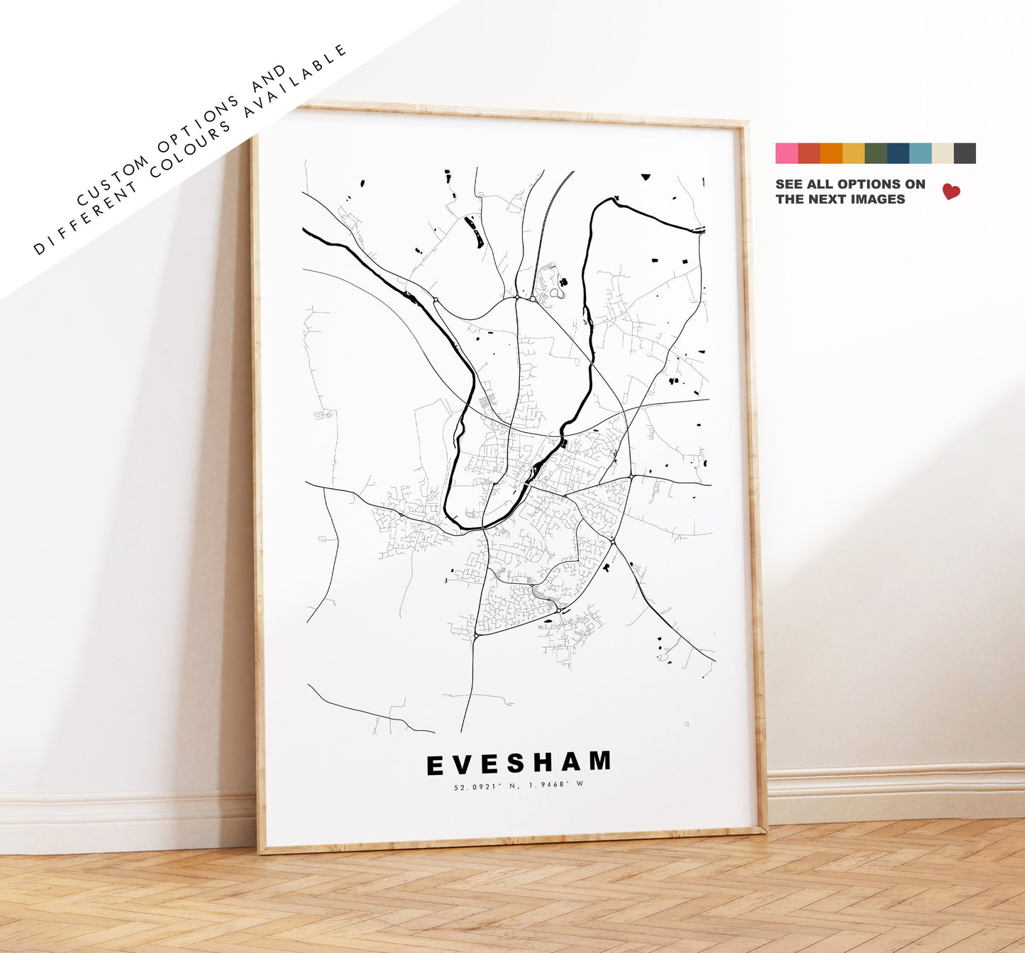 Evesham Map Print - Minimalist City Map Poster - Map Wall Art - UK - Evesham Print - Evesham Poster - Different Colours Available