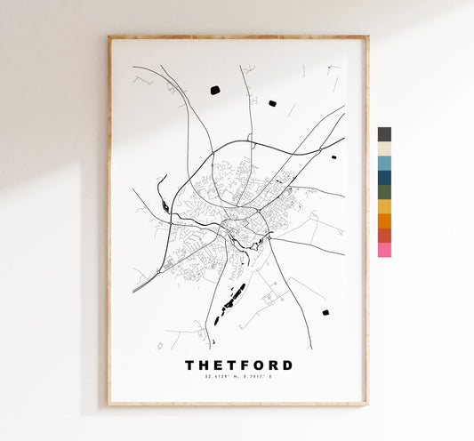 Thetford Map Print - Minimalist City Map Poster - Map Art - UK - Thetford Print - Thetford Poster - Different Colours Available