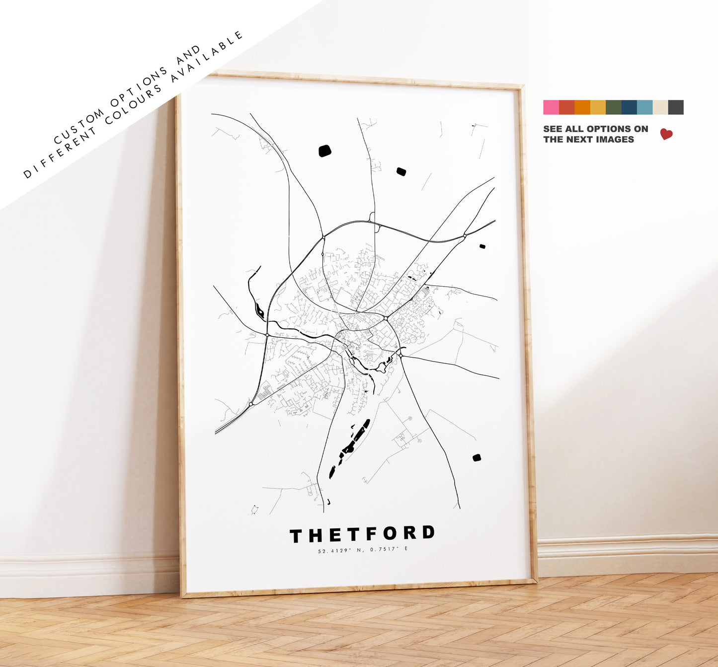 Thetford Map Print - Minimalist City Map Poster - Map Art - UK - Thetford Print - Thetford Poster - Different Colours Available