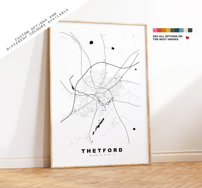 Thetford Map Print - Minimalist City Map Poster - Map Art - UK - Thetford Print - Thetford Poster - Different Colours Available