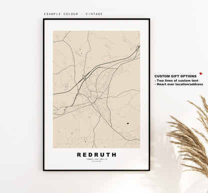 Redruth Map Print - Minimalist City Map Poster - Map Art - UK - Redruth Print - Redruth Poster - Different Colours Available