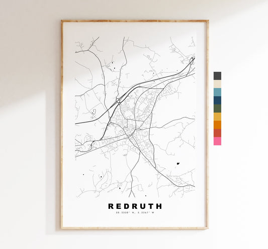 Redruth Map Print - Minimalist City Map Poster - Map Art - UK - Redruth Print - Redruth Poster - Different Colours Available