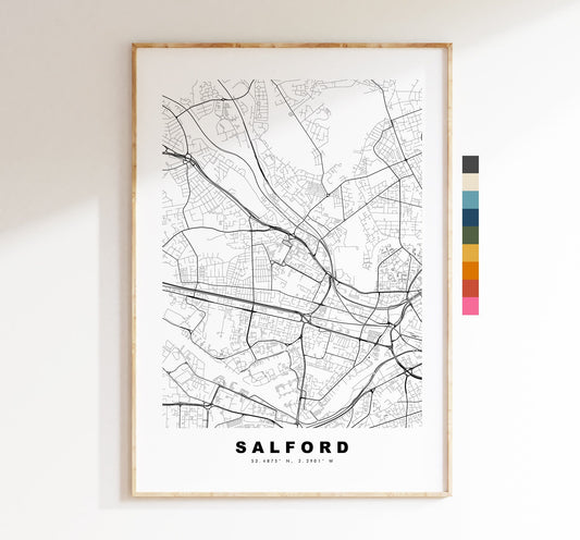 Salford Map Print - Minimalist City Map Poster - Map Art - UK - Salford Print - Salford Manchester - Poster - Different Colours Available