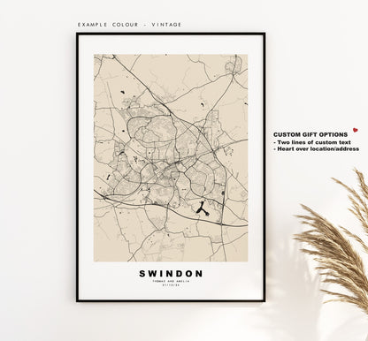 Swindon Map Print - Minimalist City Map Poster - Map Art - UK - Swindon Print - Swindon Poster - Different Colours Available